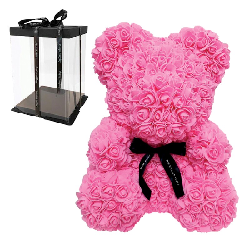 Rose Bear από Φούξια Τριαντάφυλλα με Φιογκάκι – 25cm – Σε Συσκευασία Δώρου