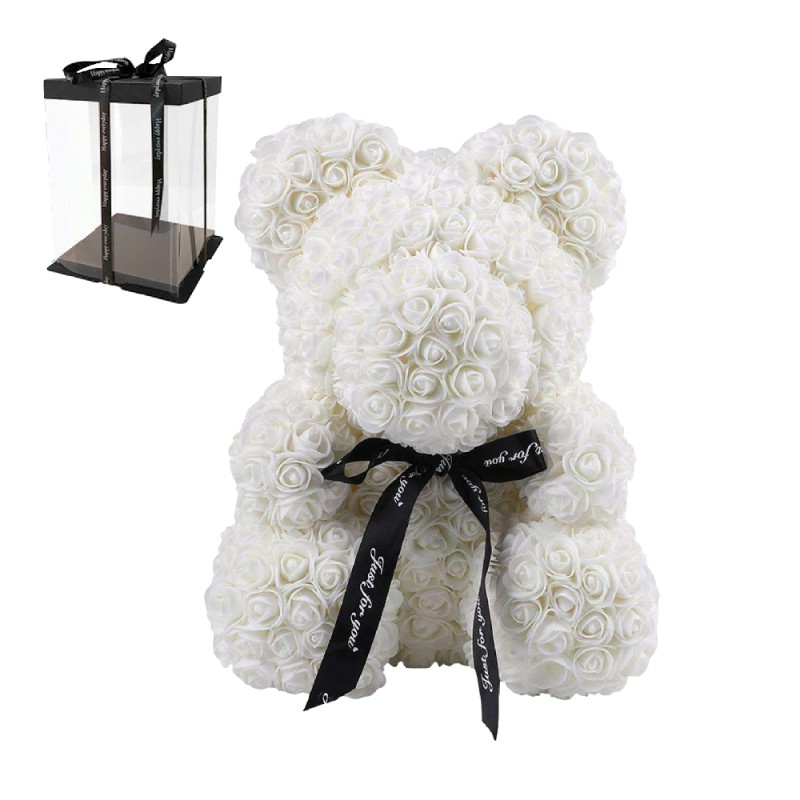Rose Bear από Άσπρα Τριαντάφυλλα με Φιογκάκι – 25cm – Σε Συσκευασία Δώρου
