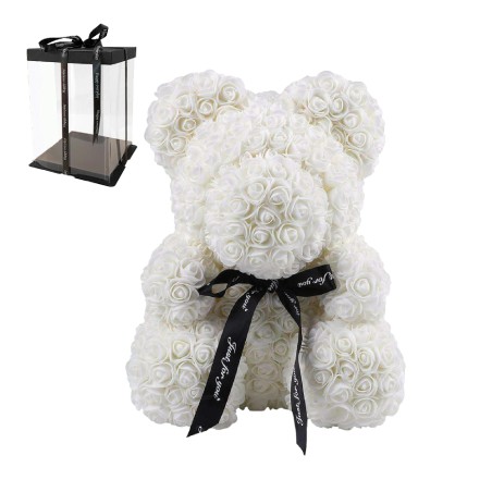 Rose Bear από Άσπρα Τριαντάφυλλα με Φιογκάκι – 25cm – Σε Συσκευασία Δώρου