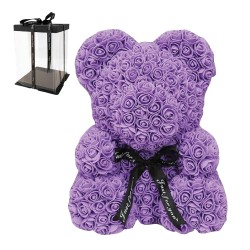 Rose Bear από Μωβ Τριαντάφυλλα με Φιογκάκι – 25cm – Σε Συσκευασία Δώρου