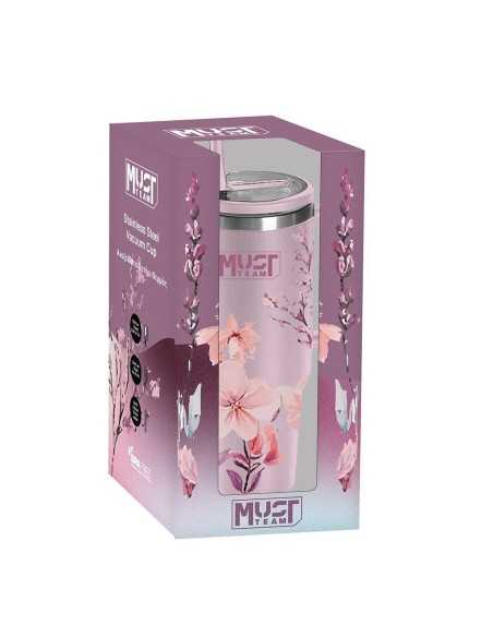 Ποτήρι Θερμός Ανοξείδωτο Must Team Ροζ Φλοράλ 1200 ml με καλαμάκι